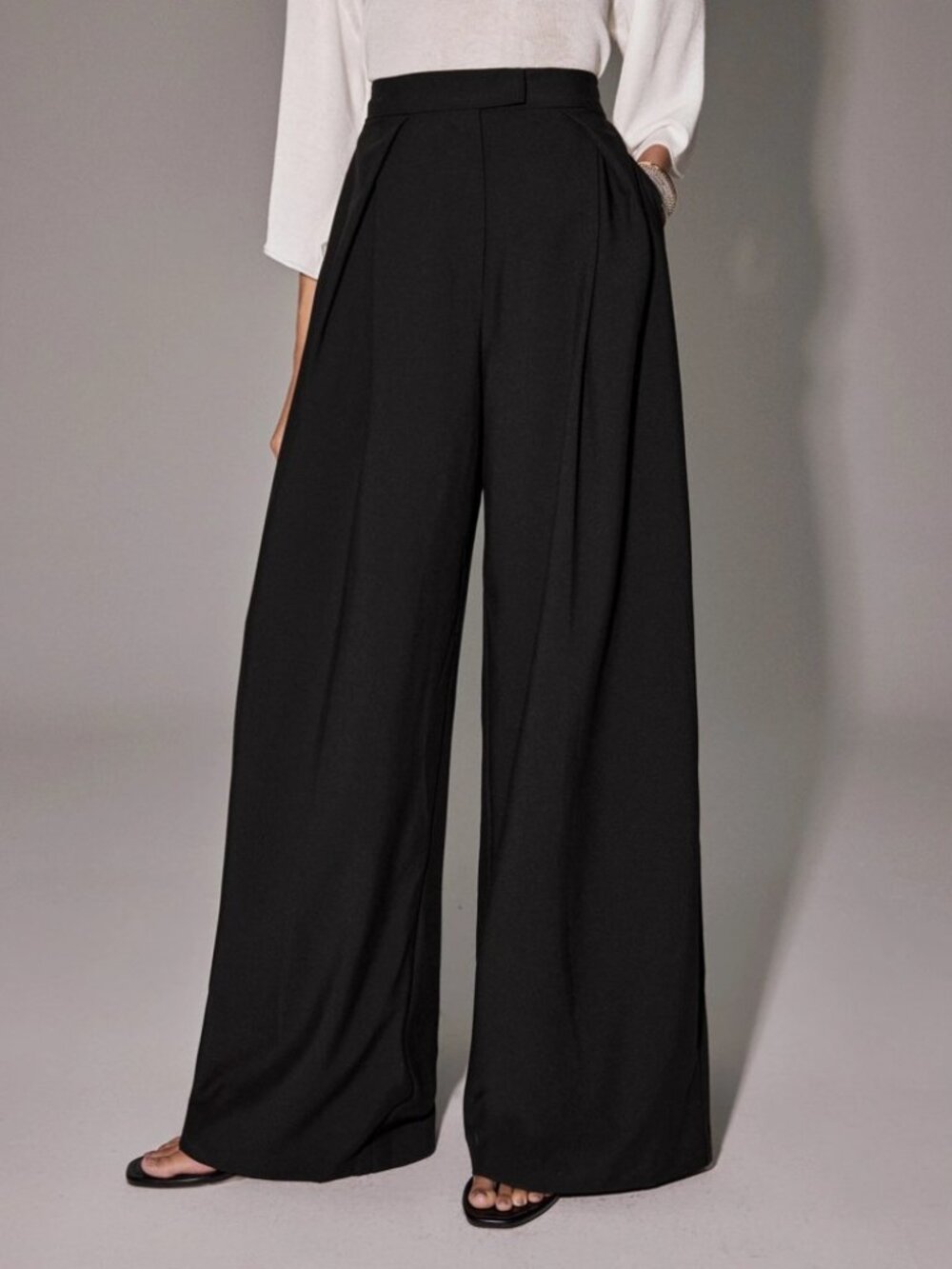 Black Pleated Front High Waist Wide Leg Trousers